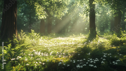 A beautiful forest bathed in sunshine, with thick green plants growing on the ground. It's a peaceful and relaxing place.
