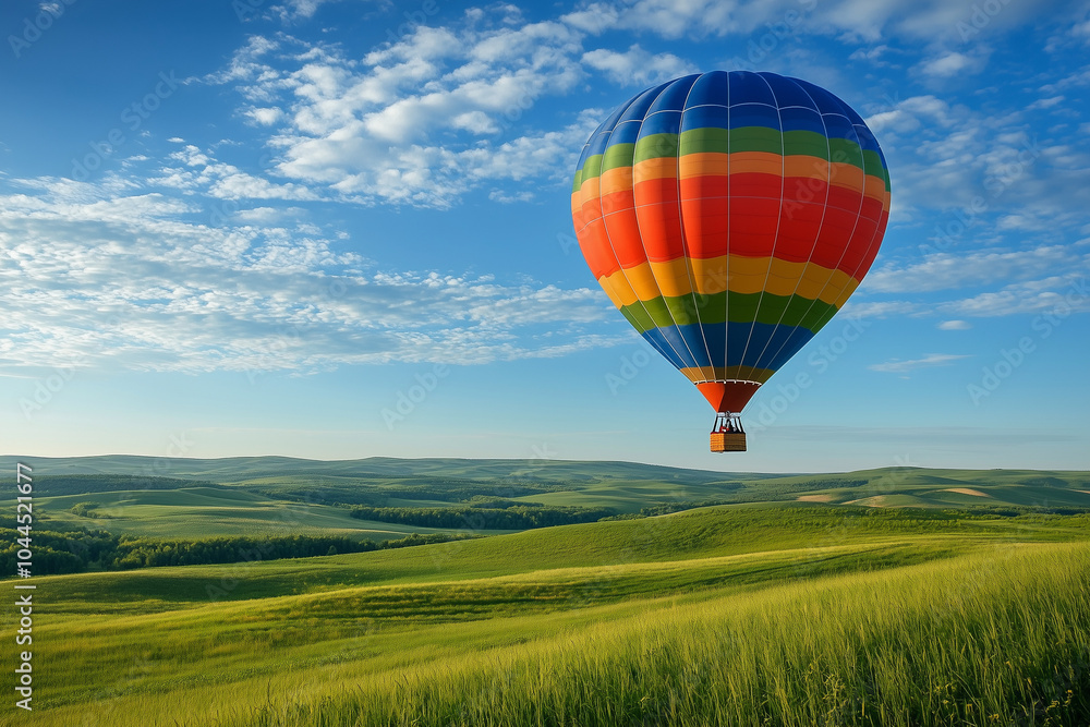 Naklejka premium Hot Air Balloon Over Rolling Hills