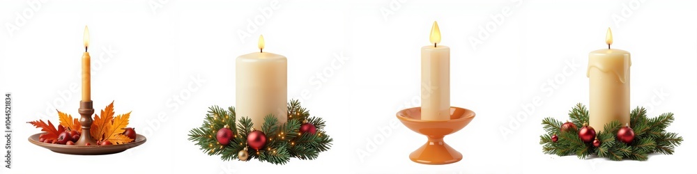Candles with holiday decorations, white isolate background Candles with holiday decorations, white isolate background