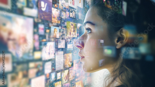 A woman is looking at a screen filled with images of social media, online shopping, banking apps, video games, and popular internet personalities. This shows how we're connected through the web.
