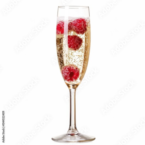 A sparkling Champagne flute with raspberries and bubbles, showcased against an isolated white background, hyper-realism art style photo