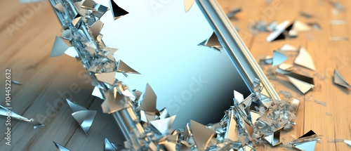 A shattered mirror rests on a wooden surface, with sharp, reflective fragments scattered around, creating an intriguing and dynamic visual effect.