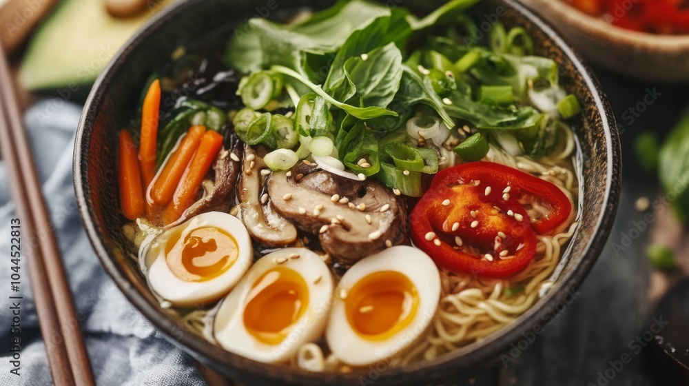 Close-Up of a Warm Ramen Bowl in a Cozy Kitchen Setting Close-Up of a Warm Ramen Bowl in a Cozy Kitchen Setting