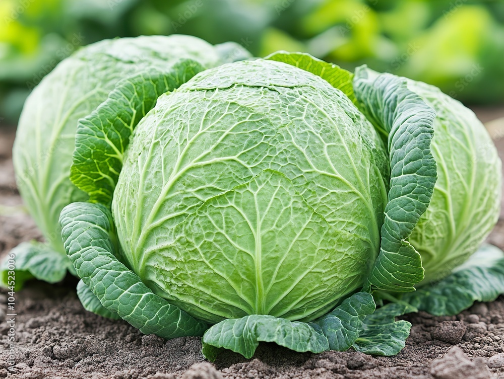 Fototapeta premium Fresh Green Cabbage in a Garden: A Close-Up View