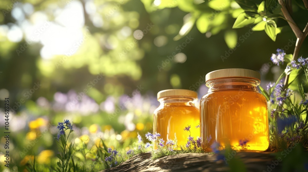 Two jars of honey glowing in the sunlight, surrounded by blooming flowers in a garden, emphasizing natural and organic produce. Two jars of honey glowing in the sunlight, surrounded by blooming flowers in a garden, emphasizing natural and organic produce.