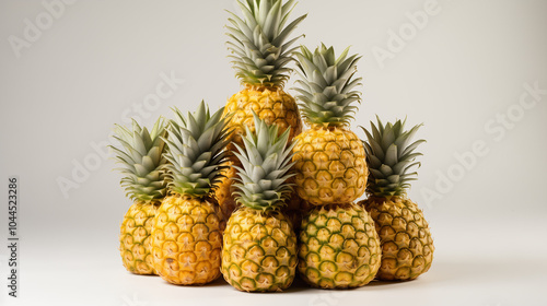 Group of pineapples stacked on white surface, clean minimalist composition