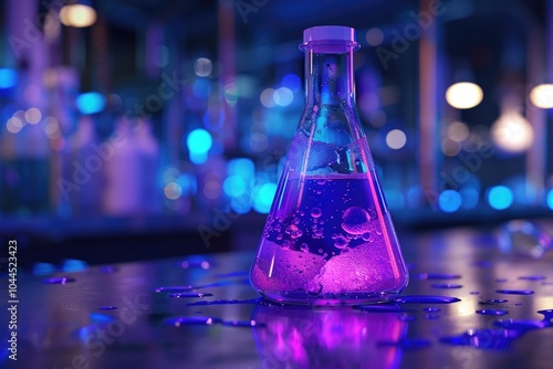 purple glass flask in blue research chemistry science banner laboratory background