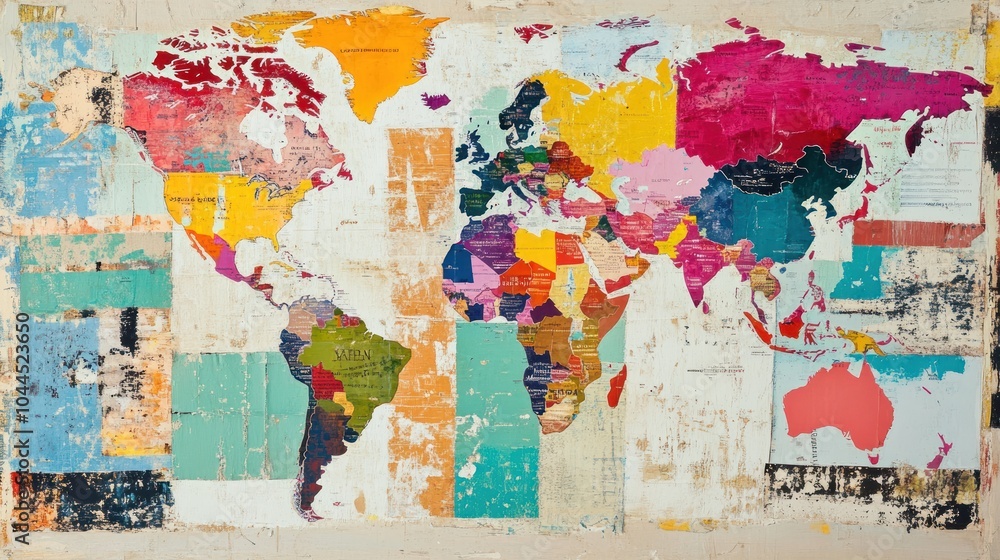 Fototapeta premium A colorful, artistic world map showcasing various countries and regions.