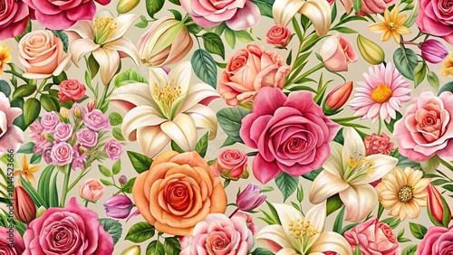 Seamless pattern of roses, lilies, and other flowers in extreme close-up