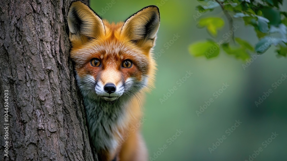 Fototapeta premium Curious red fox hiding behind a tree in the forest