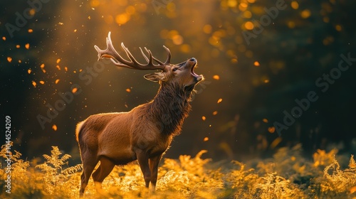 Red deer stag bellowing in a forest at sunset