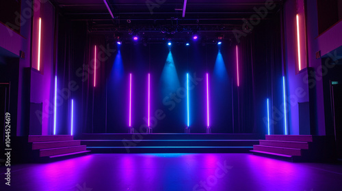 The stage glowed with bright purple and blue lights, making the performance feel lively and exciting.