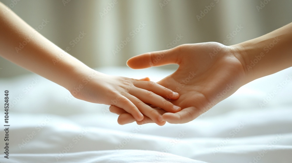 Fototapeta premium infant's hand on mother's hand on infant's white bed