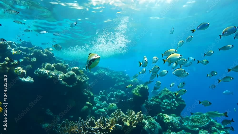 Underwater scene showcasing vibrant coral reefs and a school of fish in clear blue water. Underwater scene showcasing vibrant coral reefs and a school of fish in clear blue water.