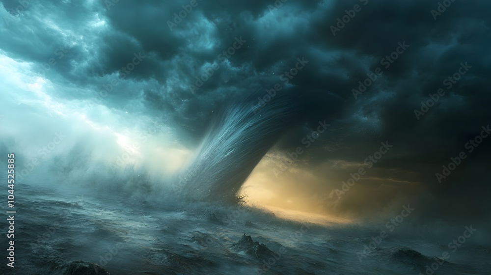 Naklejka premium Dramatic 3D Tornado Sweeping Through Stormy Skies with Powerful Lighting Effects