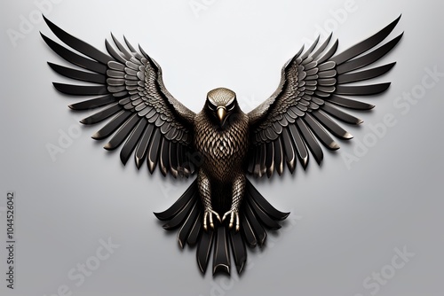 Fierce Black and Gray Eagle Spreading Its Powerful Wings Against a Solid Wall Background, AI Generated Bird Illustration