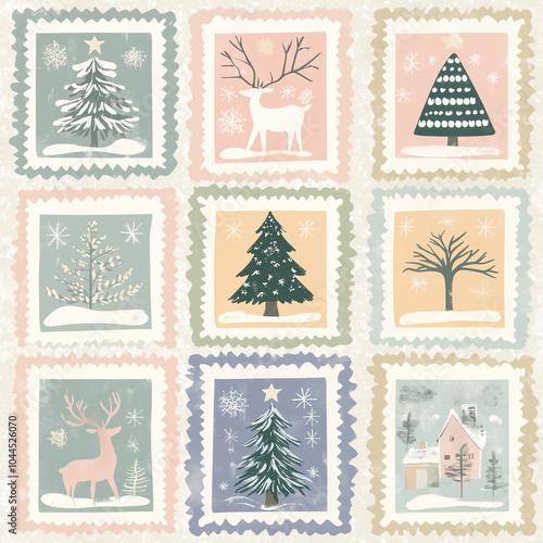 Christmas stamps with reindeer, trees, and snowy scenes