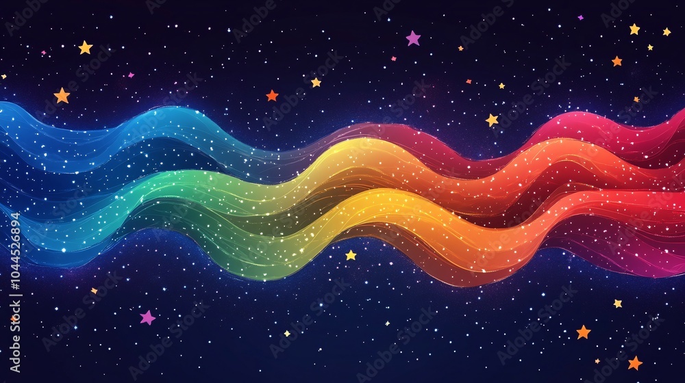 Fototapeta premium Abstract colorful wave cosmos illustration with glowing stars in the dark night sky