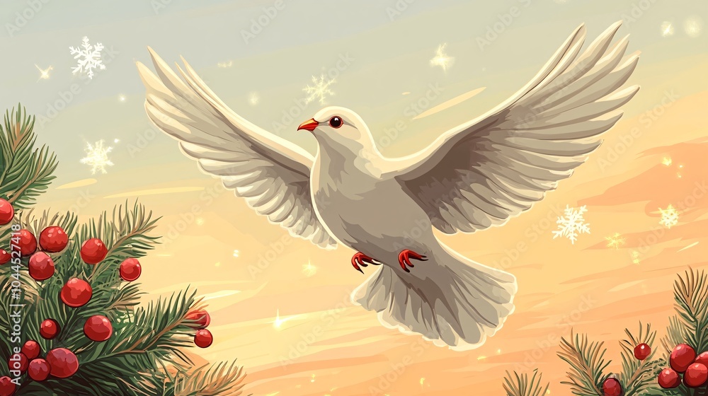 Obraz premium A serene illustration of a white dove gracefully flying in a blue sky, symbolizing peace and freedom, surrounded by soft clouds, christmas day