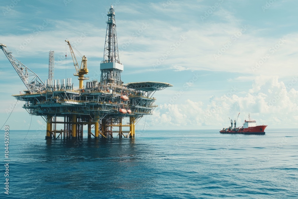 An offshore platform used for loading and unloading supplies from ships. Crew members coordinate to ensure safe An offshore platform used for loading and unloading supplies from ships. Crew members coordinate to ensure safe