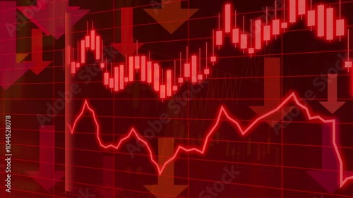 An animated depiction of a financial market crash, featuring red and blue fluctuating line graphs and bar charts, illustrating stock market volatility, declining trends, and economic instability.