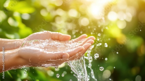 Morning Refreshment - Water Pouring on Hands in Soft Light Signifying Freshness and Purity