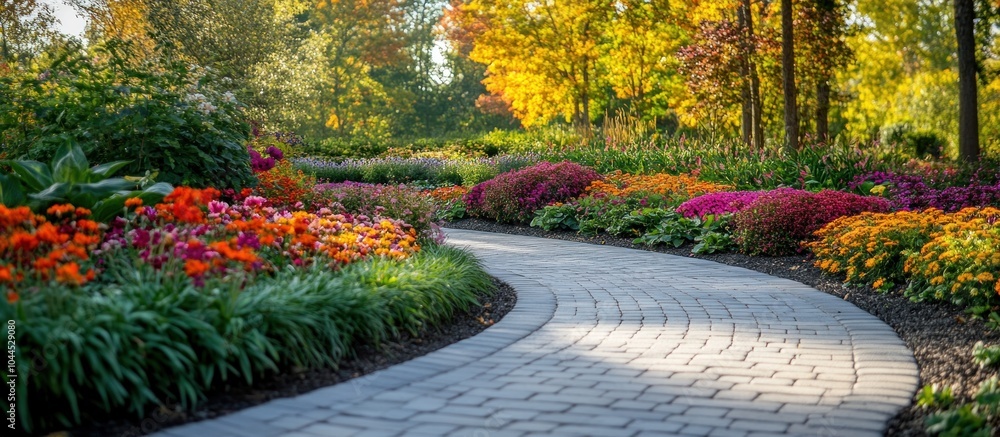 Obraz premium A winding stone pathway leads through a colorful garden with fall foliage and vibrant flowers in full bloom.