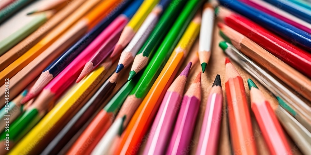 A bunch of colored pencils are spread out on a table A bunch of colored pencils are spread out on a table