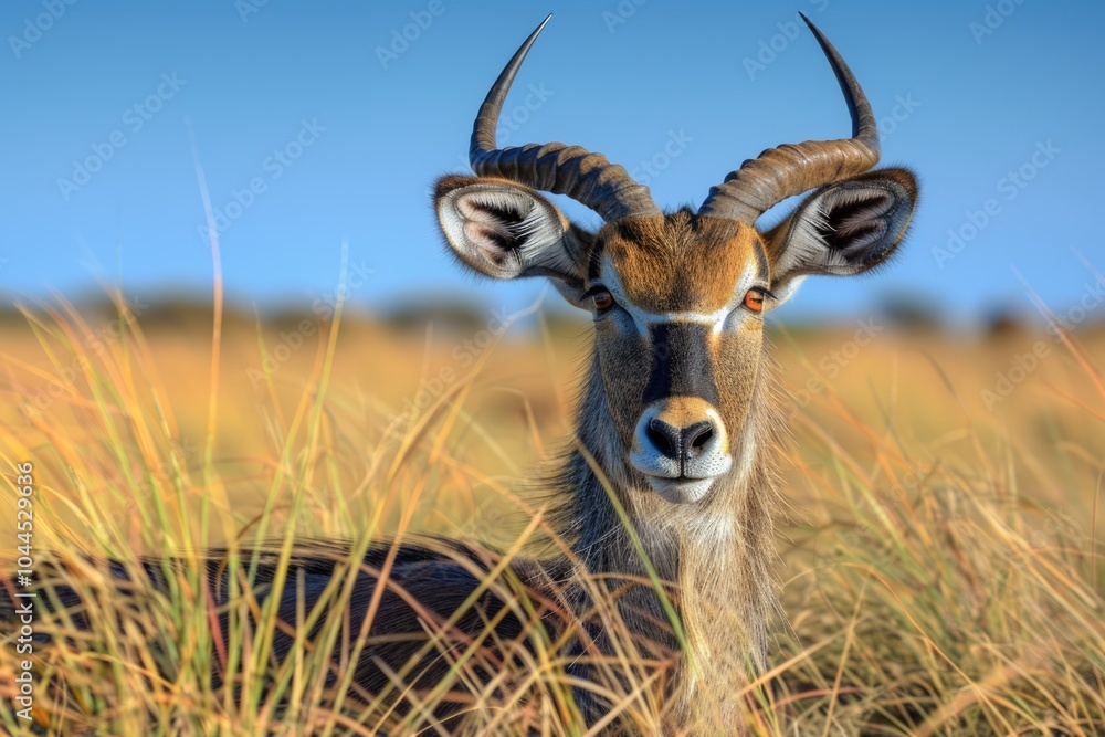 Waterbuck male in grass Etosha National Park Namibia. Waterbuck male in grass Etosha National Park Namibia.