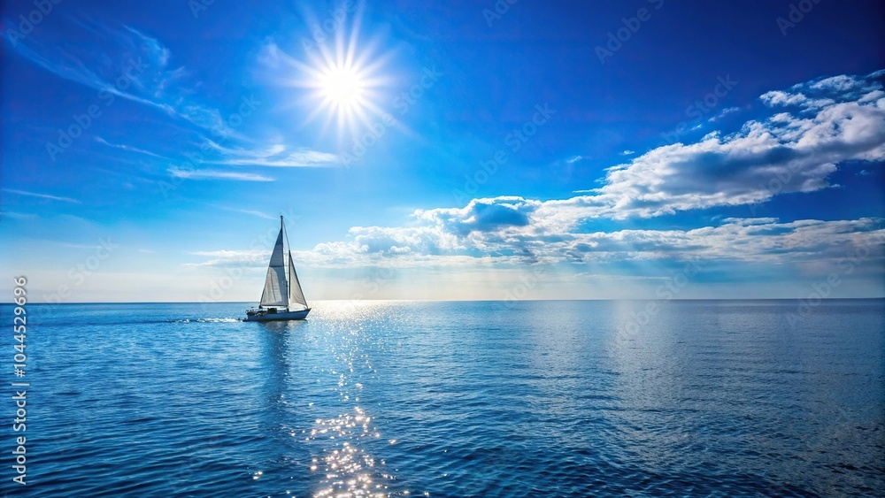 Obraz premium Seascape with sailboat on sunny blue sky horizon