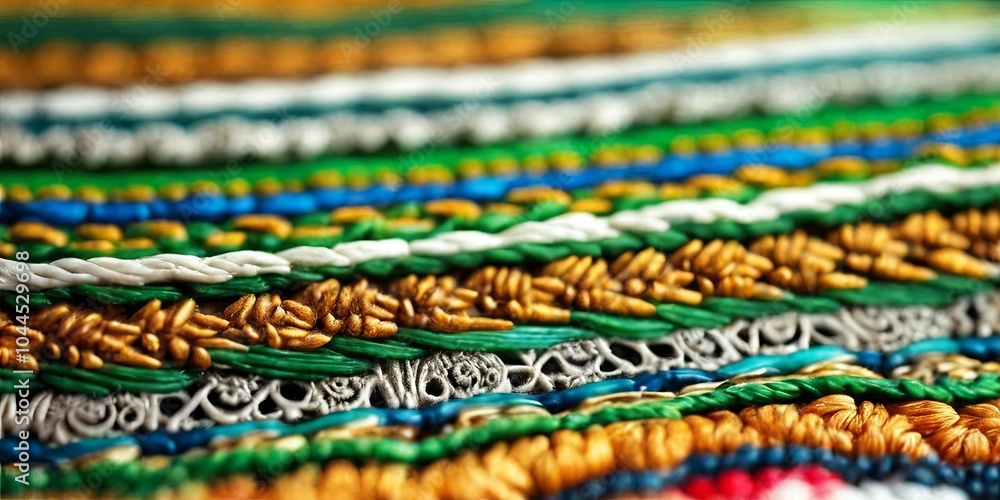 A colorful piece of fabric with gold and green threads A colorful piece of fabric with gold and green threads
