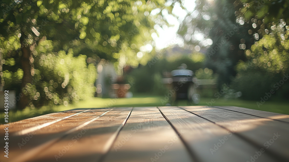 It's a warm summer day. A wooden table sits in the backyard, ready for a barbecue. The grill is hot and there's a blurry view of the background. It's a warm summer day. A wooden table sits in the backyard, ready for a barbecue. The grill is hot and there's a blurry view of the background.