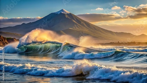 Seascape with waves crashing on shore and mountain in background