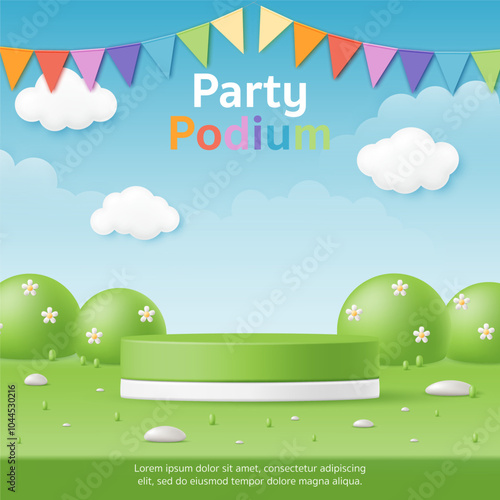 3D Vector kid party product display cylinder stand podium banner. Colorful flag, green grass garden with blue background for baby clothes toy store, online shop, birthday, fashion sale promotion post