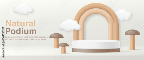 3D Vector baby product display cylinder stand podium banner. Natural eco-friendly wooden toy background. Newborn clothes store, online shop, kid fashion discount promotion sale, social media post