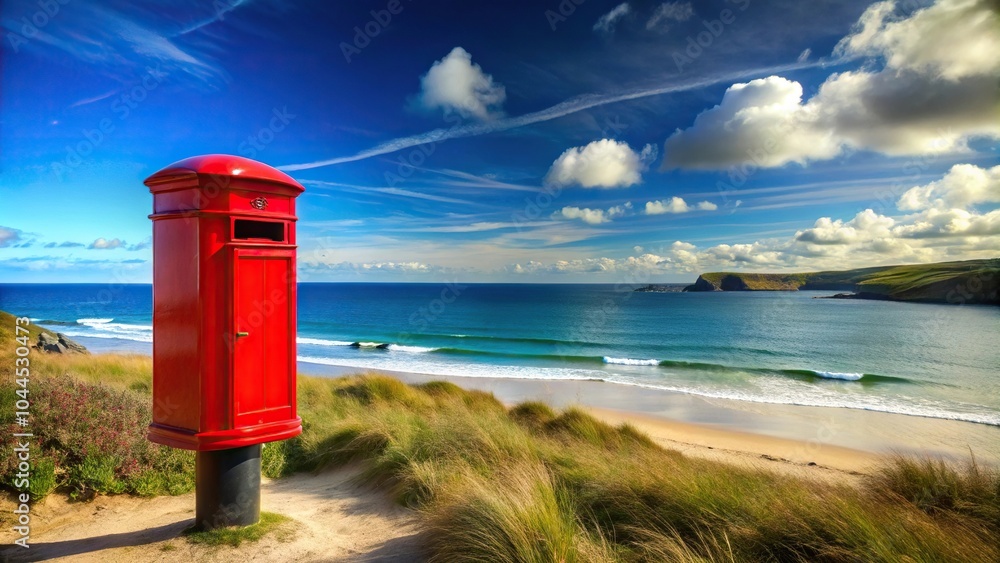 Seaside silhouette of a red mailbox in southern Cornwall with blue sky in the background Seaside silhouette of a red mailbox in southern Cornwall with blue sky in the background