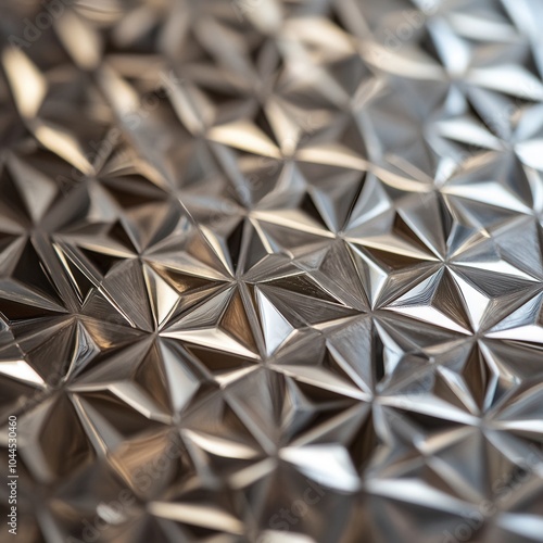 Abstract close-up images of reflective metallic surfaces with intricate geometric patterns.