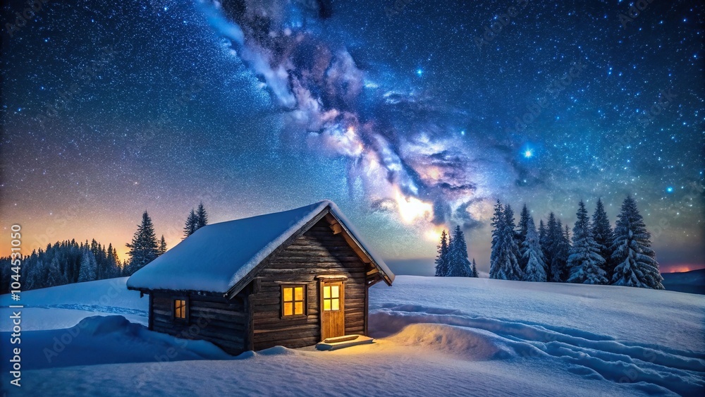 Secluded cabin in snow and ice under starry sky Secluded cabin in snow and ice under starry sky
