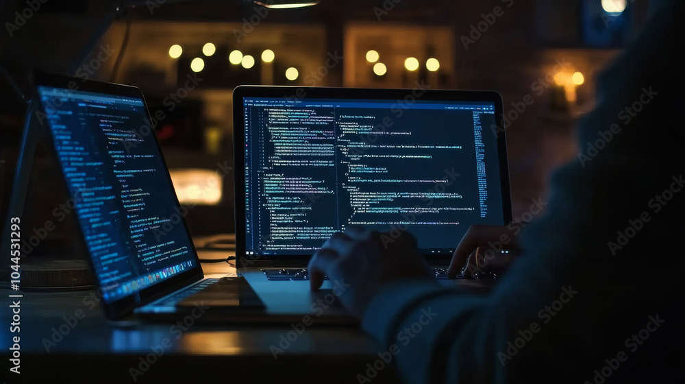 Someone is coding on a laptop. This image shows the work of software developers and is great for representing anything related to technology, like websites or computer programs.