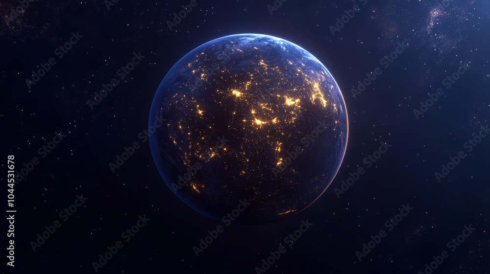 Obraz premium From space, Earth looks like a glowing planet at night. The bright lines show how people connect and communicate, representing business, finance, and the internet.