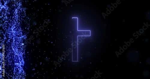 Animated, symbol and cross in center for christian faith, religion and belief with icon by dark background. Space, particles and neon with worship for god, jesus and christianity praise with hologram