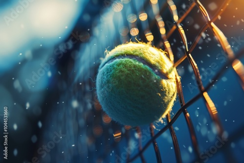 The striking moment of a tennis ball impacting the net is captured in a close-up frame, highlighting the intensity and suspense of the game with dramatic lighting. photo