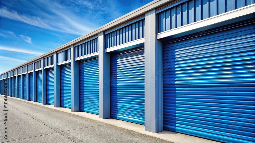 Fototapeta premium Self-storage units with blue doors and shutters in focus, with shallow depth of field