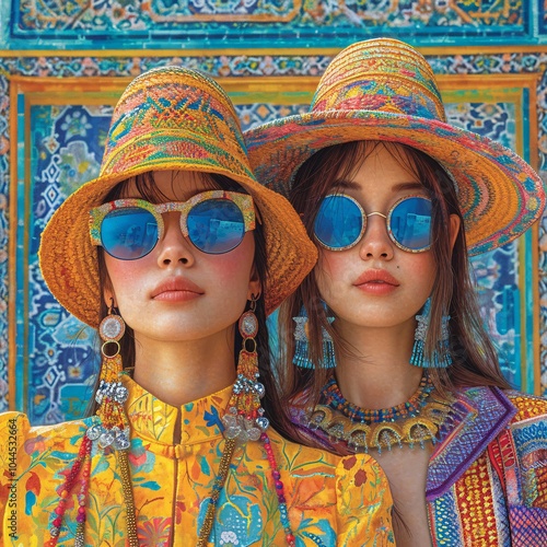 Two stylish young women posing in vibrant, fashionable summer outfits with sunglasses and hats. Futuristic clothes highlights their beauty, creating a modern, glamorous portrait full of color and luxu photo