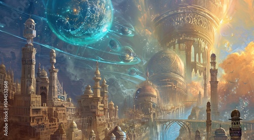 Futuristic cityscape on an alien planet, with towering modern buildings under a cosmic sky filled with stars and spaceships. A blend of sci-fi technology and fantasy in a distant galactic world