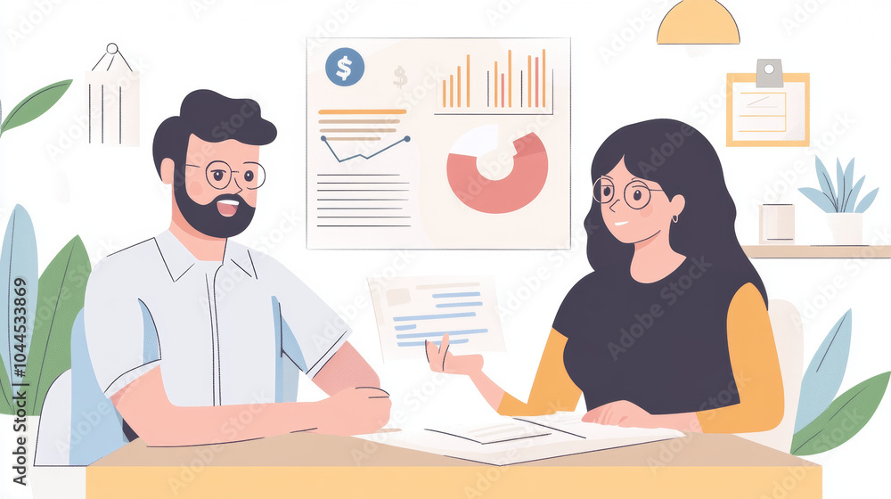 Fototapeta premium A man and a woman, both working in business, talk about a financial report. They are young professionals working in a modern company that deals with money.