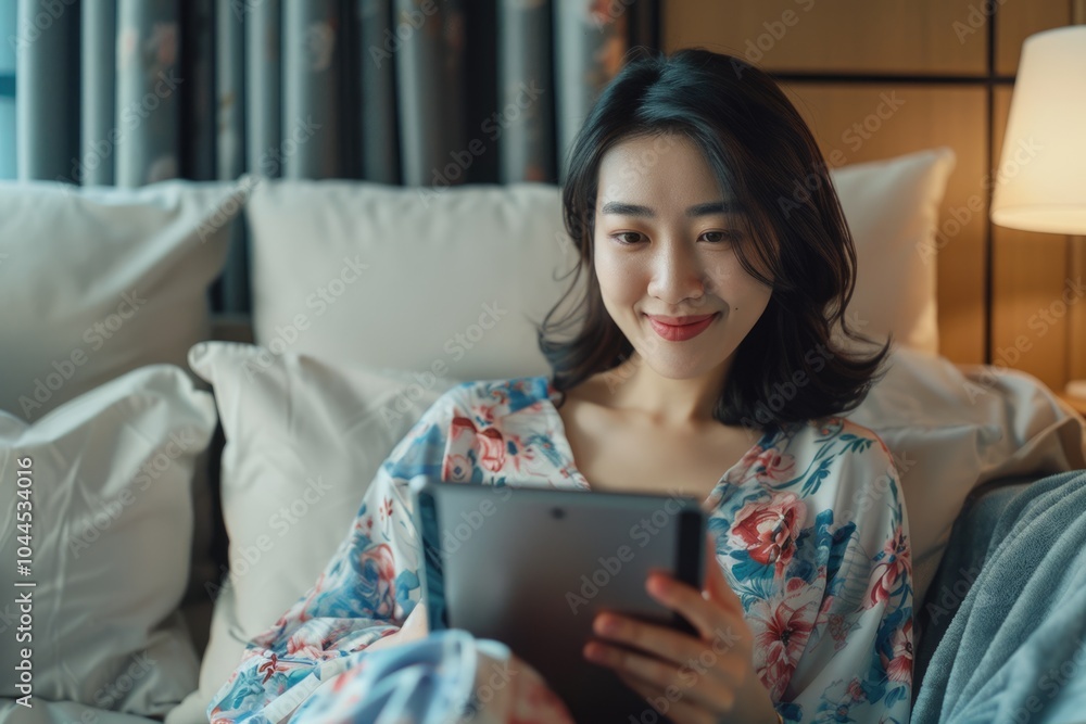 Happy woman using tablet on sofa Asian beauty empty screen. Happy woman using tablet on sofa Asian beauty empty screen.