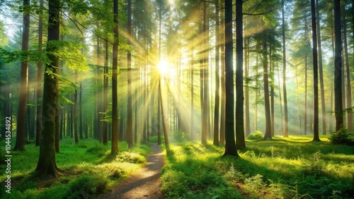 Serene forest escape with sunlight filtering trees