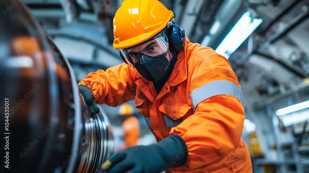 A focused worker in an orange safety suit and helmet examines machinery in a high-tech industrial environment. A focused worker in an orange safety suit and helmet examines machinery in a high-tech industrial environment.