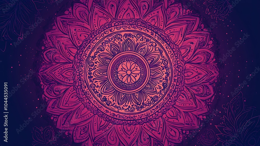A detailed mandala with concentric layers of geometric patterns and floral motifs, creating a circular and symmetrical design. A detailed mandala with concentric layers of geometric patterns and floral motifs, creating a circular and symmetrical design.